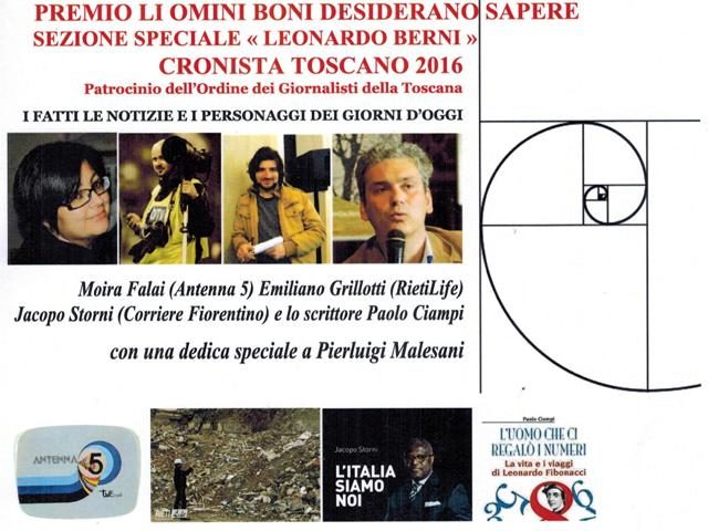 A Jacopo Storni, Paolo Ciampi, Moira Falai e RietiLife il premio ‘Li omini boni desiderano sapere’